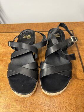 Eurosoft By Sofft Women’s 7 Black Renae Strappy Sandals Low Wedge Platform